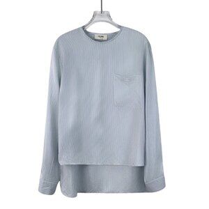 Celine 2023 Light Blue Triomphe Embroidered Silk Crewneck Long Sleeve Shirt